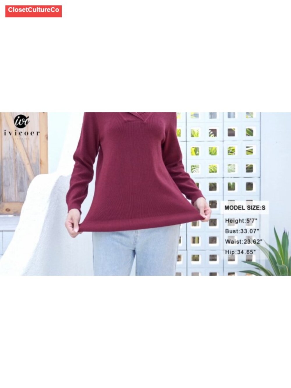 Women's Long Sleeve V Neck Pullover Sweater Knitted Collar - Picture 5 of 6